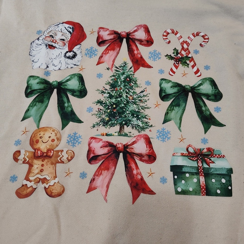 Christmas Graphic Sweatshirt‎ Beige Santa Tree Gingerbread Bows Women Small